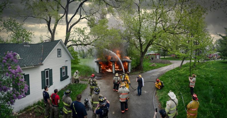 Team Evaluation - Firefighters and people stand around a house with a fire