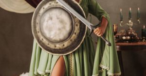 Mindset Shield - Model in Dress Standing with Shield and Sword